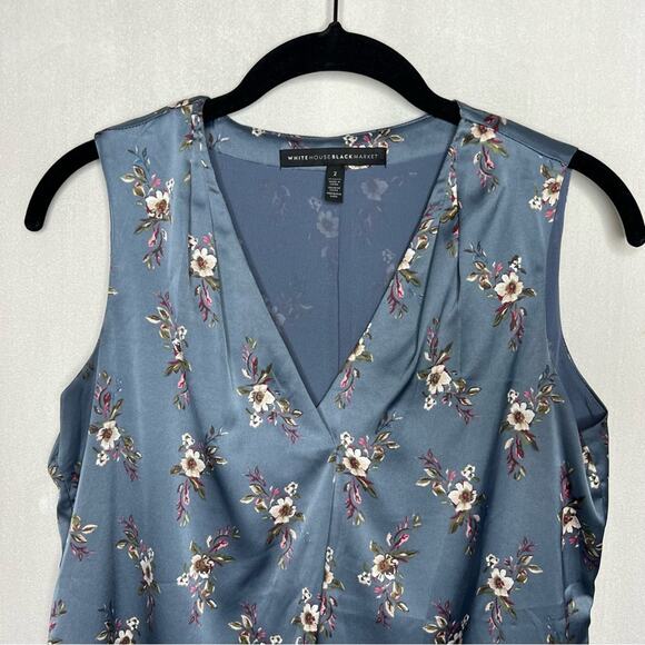 WHITE HOUSE BLACK MARKET / blue cream pink satin floral sleeveless tank / 2 - Picture 3 of 6